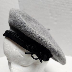 Vintage Women Wool Gray Black Velvet Barret Hat French Style Beanie David Cohen